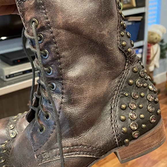 Gianni Bini Brown Lace Up Rhinestone Stud Boots - Picture 4 of 5